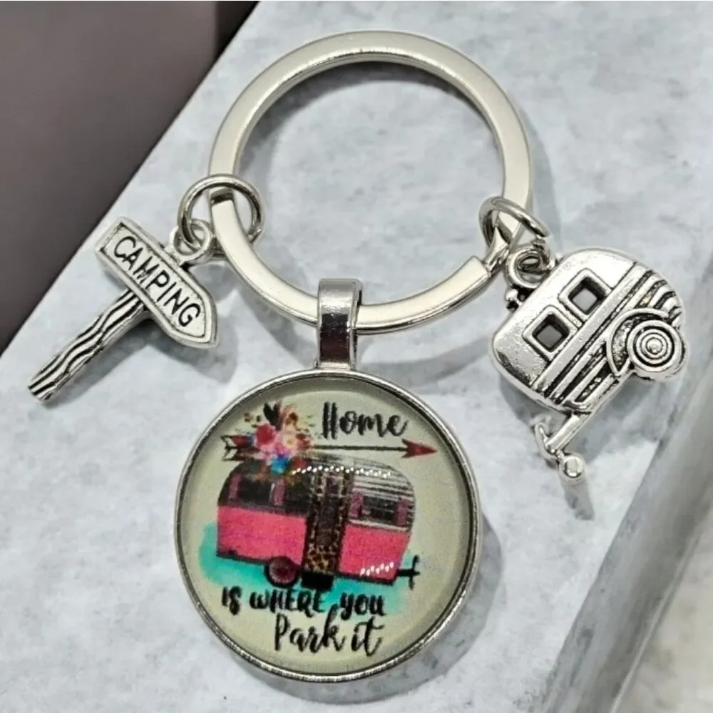 Retro Camper Keychain Home Is Where You Park It RV Glamping Bag Charm Key Ring